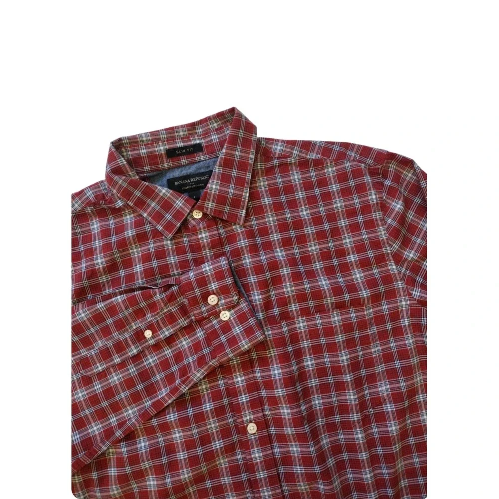 Banana Republic Shirt Mens Large Red Plaid Soft Wash Slim Fit Button Up‎ Preppy